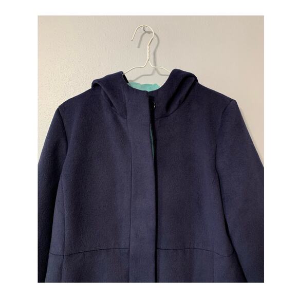 Chico's Hooded Faux Wool Coat Navy Blue With Teal Lining Mid Length Sz 1 (S) - Picture 4 of 16
